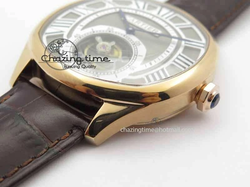 Drive De Cartier Tourbillon SS RG Best Edition Gray Textured Dial On Brown Leather Strap