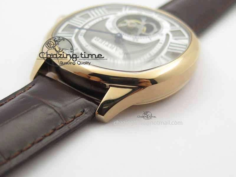 Drive De Cartier Tourbillon SS RG Best Edition Gray Textured Dial On Brown Leather Strap
