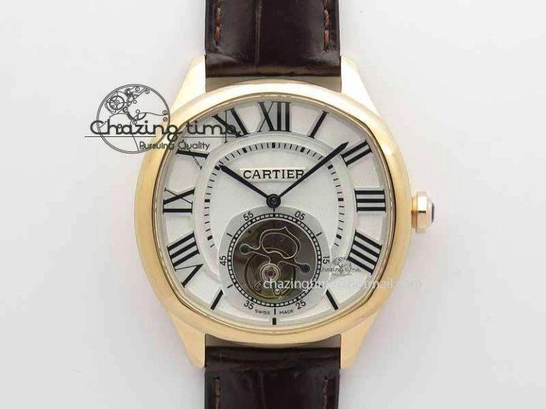 Drive De Cartier Tourbillon SS RG Best Edition White Textured Dial On Brown Leather Strap