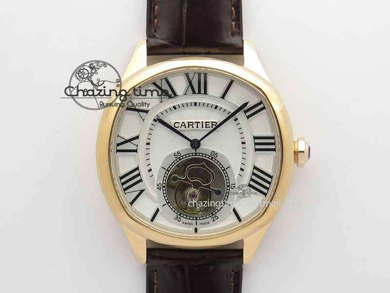 Drive De Cartier Tourbillon SS RG Best Edition White Textured Dial On Brown Leather Strap