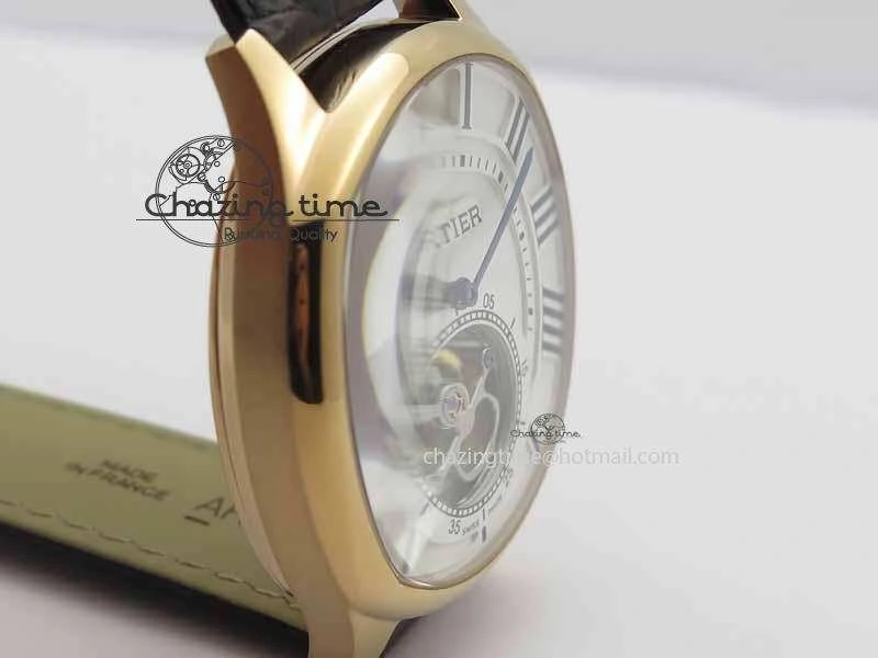 Drive De Cartier Tourbillon SS RG Best Edition White Textured Dial On Brown Leather Strap