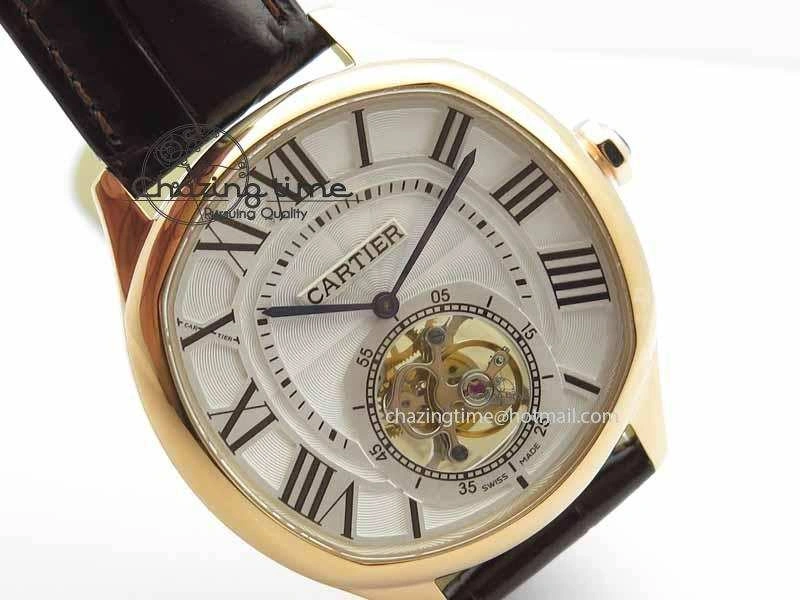 Drive De Cartier Tourbillon SS RG Best Edition White Textured Dial On Brown Leather Strap