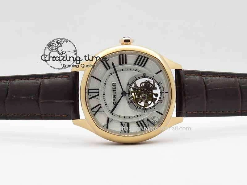 Drive De Cartier Tourbillon SS RG Best Edition White Textured Dial On Brown Leather Strap