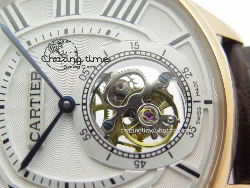 Drive De Cartier Tourbillon SS RG Best Edition White Textured Dial On Brown Leather Strap