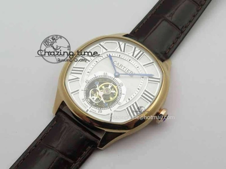 Drive De Cartier Tourbillon SS RG Best Edition White Textured Dial On Brown Leather Strap