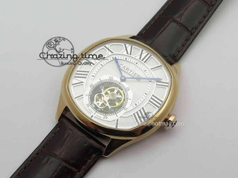 Drive De Cartier Tourbillon SS RG Best Edition White Textured Dial On Brown Leather Strap