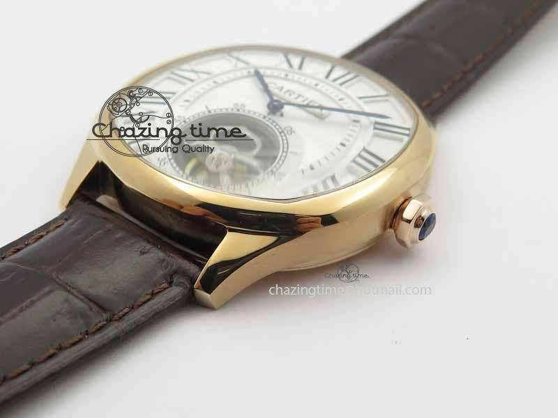 Drive De Cartier Tourbillon SS RG Best Edition White Textured Dial On Brown Leather Strap