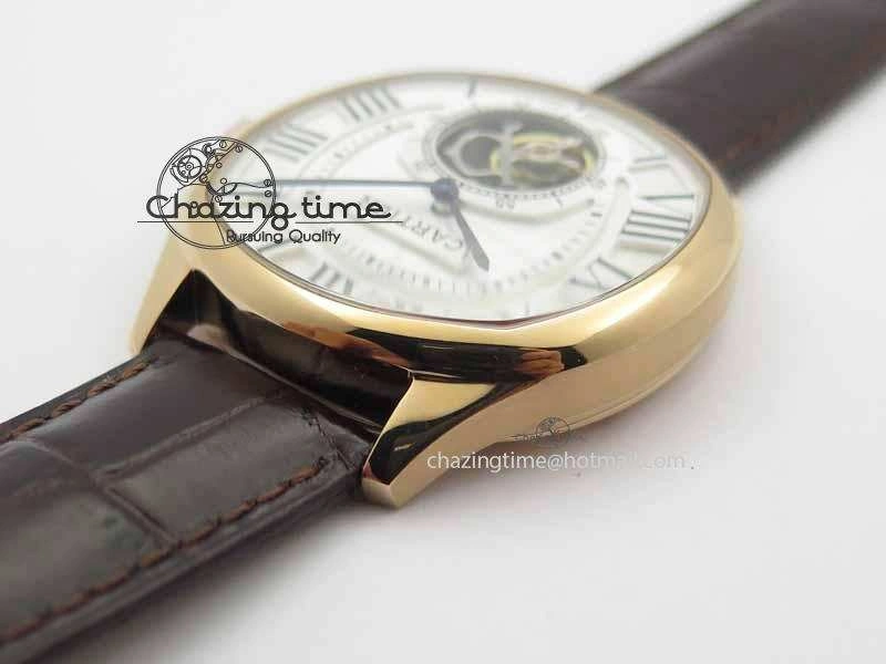 Drive De Cartier Tourbillon SS RG Best Edition White Textured Dial On Brown Leather Strap