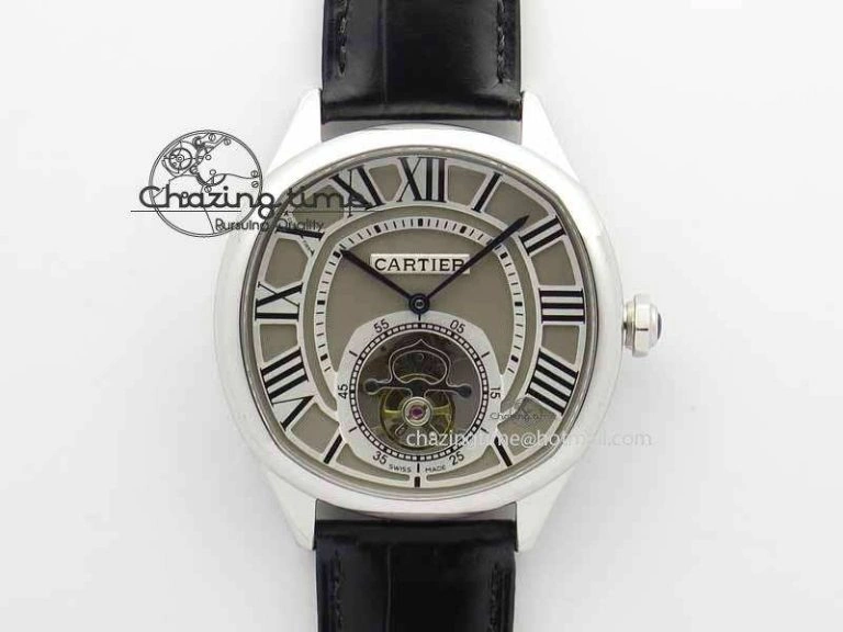 Drive De Cartier Tourbillon SS TF Best Edition Gray Textured Dial On Black Leather Strap