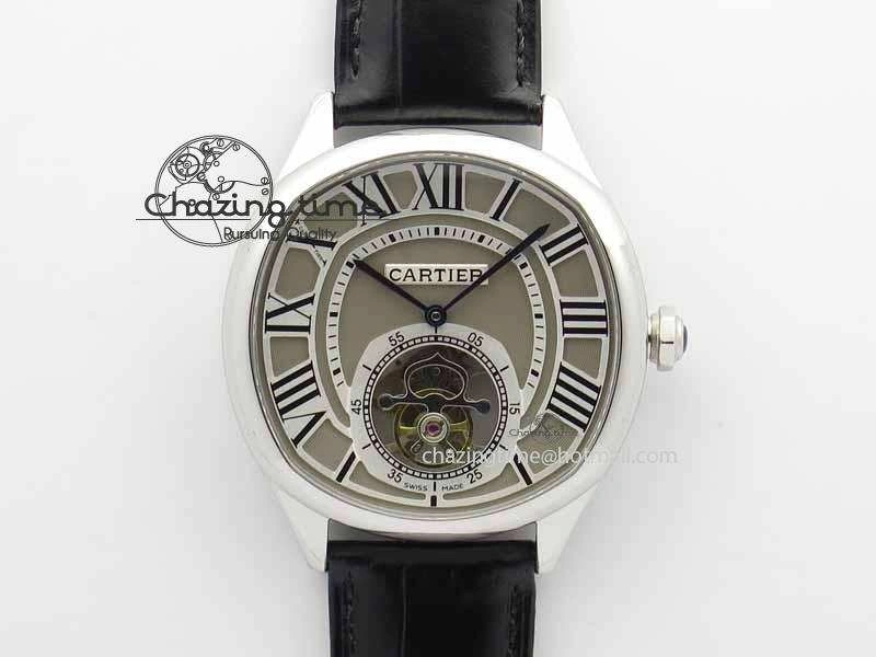 Drive De Cartier Tourbillon SS TF Best Edition Gray Textured Dial On Black Leather Strap