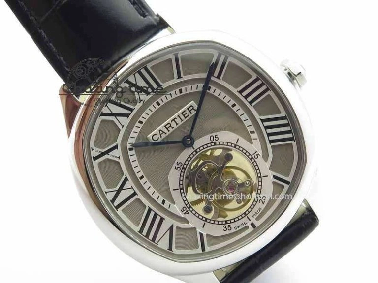 Drive De Cartier Tourbillon SS TF Best Edition Gray Textured Dial On Black Leather Strap