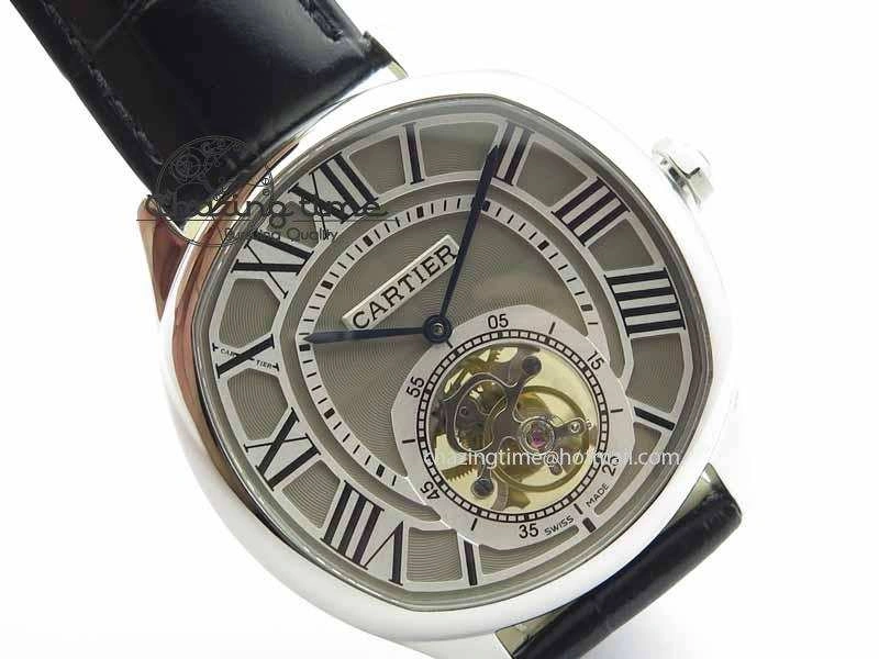Drive De Cartier Tourbillon SS TF Best Edition Gray Textured Dial On Black Leather Strap