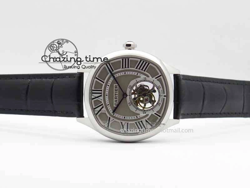 Drive De Cartier Tourbillon SS TF Best Edition Gray Textured Dial On Black Leather Strap