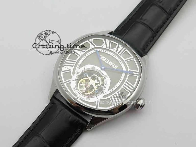 Drive De Cartier Tourbillon SS TF Best Edition Gray Textured Dial On Black Leather Strap