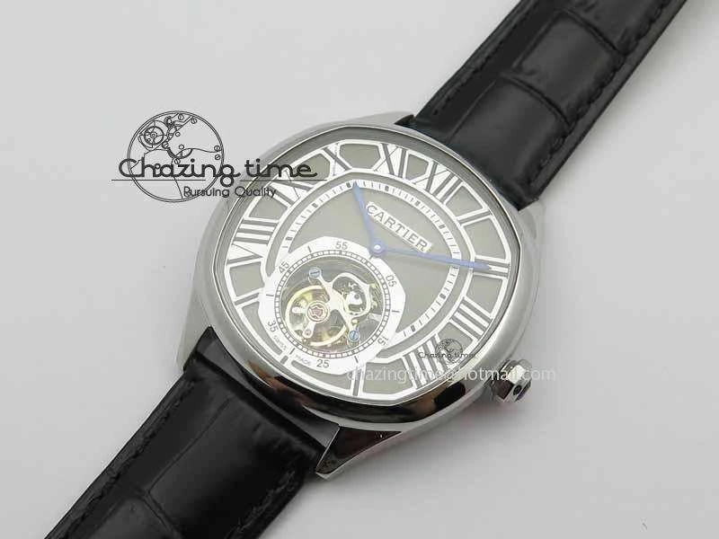 Drive De Cartier Tourbillon SS TF Best Edition Gray Textured Dial On Black Leather Strap