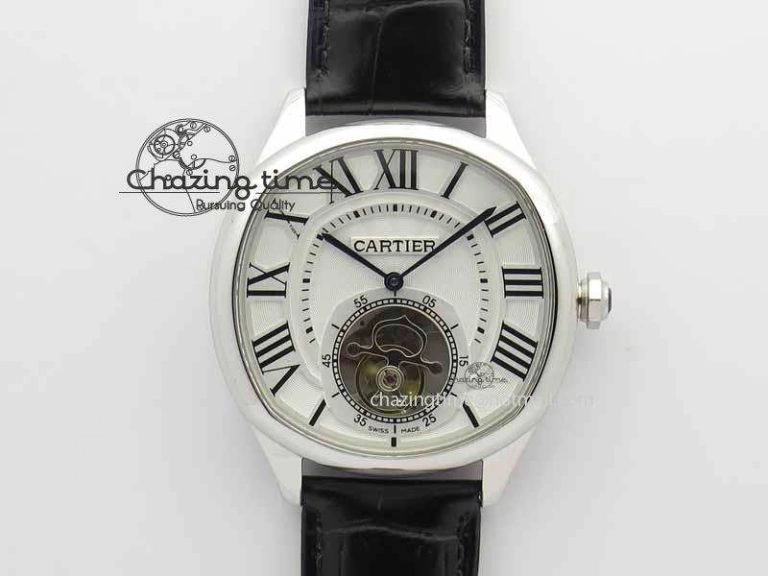 Drive De Cartier Tourbillon SS TF Best Edition White Textured Dial On Black Leather Strap
