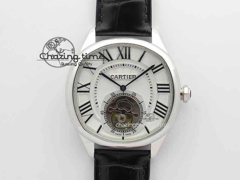 Drive De Cartier Tourbillon SS TF Best Edition White Textured Dial On Black Leather Strap