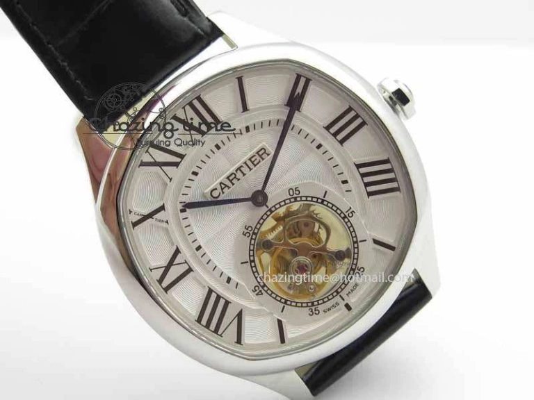 Drive De Cartier Tourbillon SS TF Best Edition White Textured Dial On Black Leather Strap