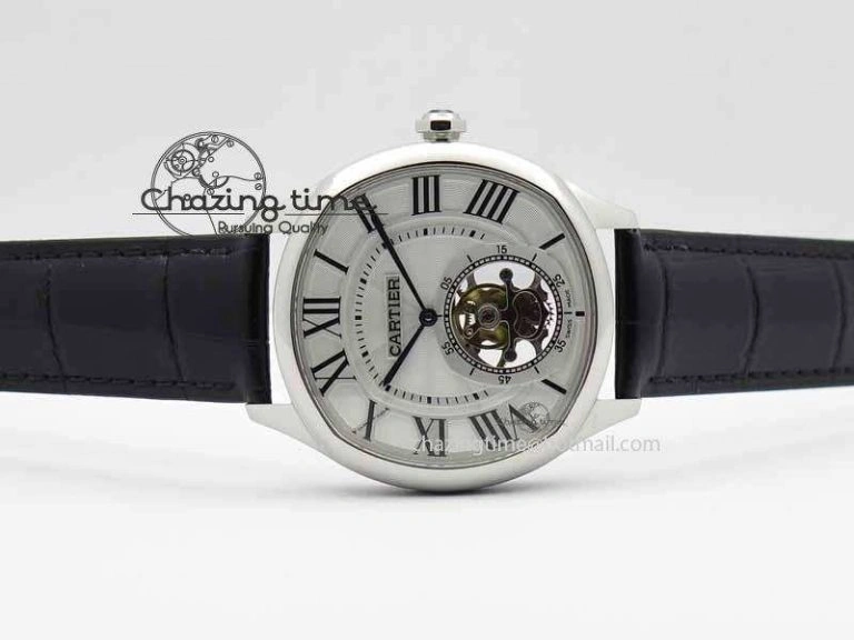 Drive De Cartier Tourbillon SS TF Best Edition White Textured Dial On Black Leather Strap