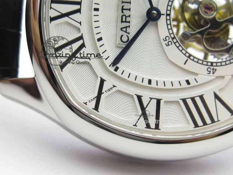 Drive De Cartier Tourbillon SS TF Best Edition White Textured Dial On Black Leather Strap