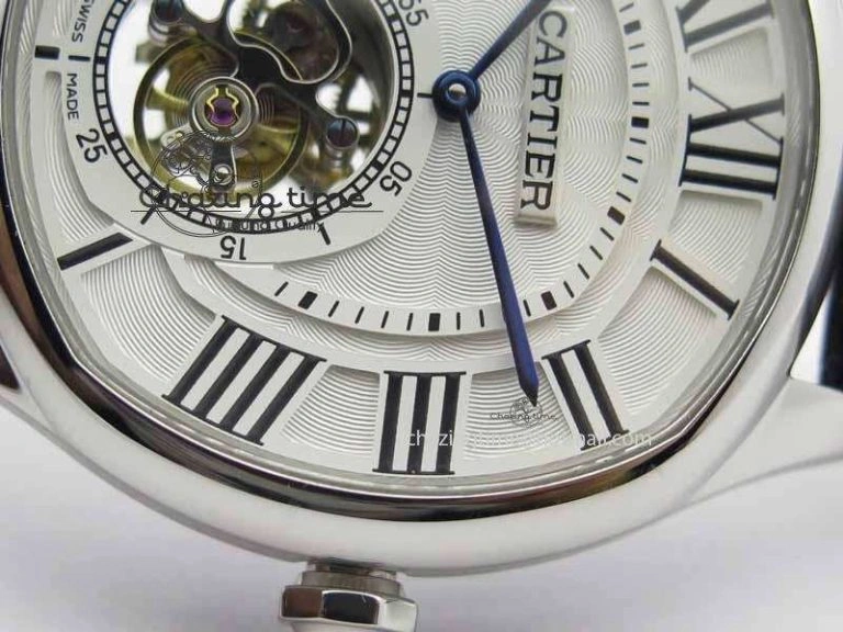 Drive De Cartier Tourbillon SS TF Best Edition White Textured Dial On Black Leather Strap