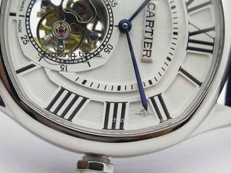 Drive De Cartier Tourbillon SS TF Best Edition White Textured Dial On Black Leather Strap