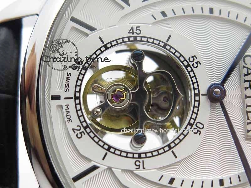 Drive De Cartier Tourbillon SS TF Best Edition White Textured Dial On Black Leather Strap