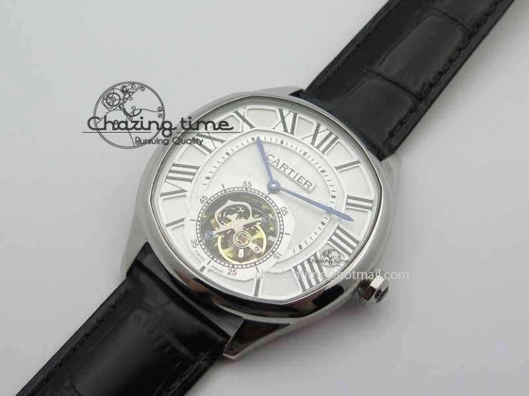 Drive De Cartier Tourbillon SS TF Best Edition White Textured Dial On Black Leather Strap