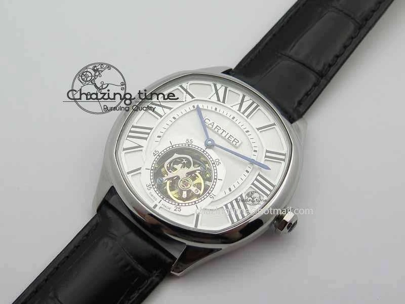 Drive De Cartier Tourbillon SS TF Best Edition White Textured Dial On Black Leather Strap