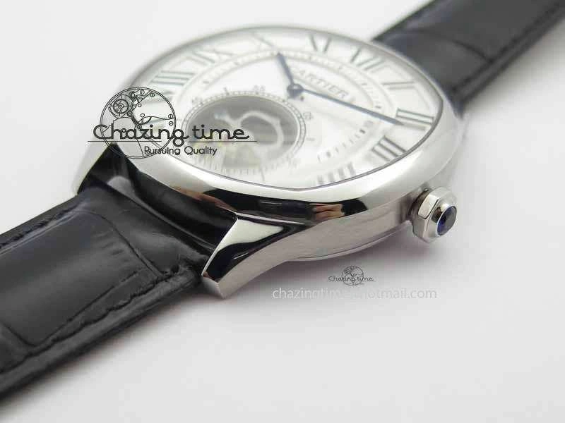 Drive De Cartier Tourbillon SS TF Best Edition White Textured Dial On Black Leather Strap