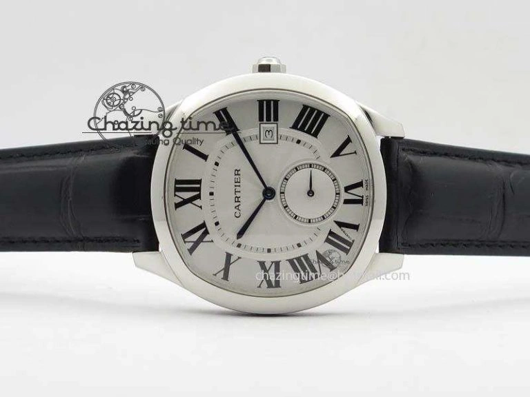 Drive de Cartier SS Best Edition White Textured Dial On Black Leather Strap A23J(1904-PS MC)