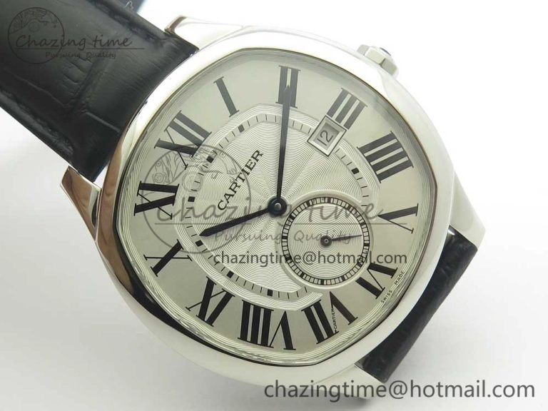 Drive de Cartier SS GSF 1:1 Best Edition White Textured Dial on Black Leather Strap A23J