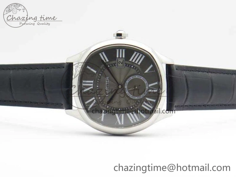 Drive de Cartier SS TF 1:1 Best Edition Gray Textured Dial On Black Leather Strap A23J