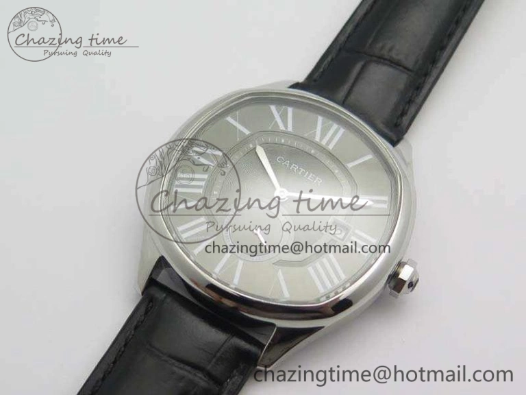 Drive de Cartier SS TF 1:1 Best Edition Gray Textured Dial On Black Leather Strap A23J