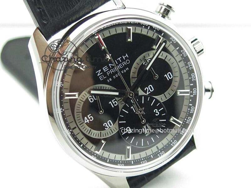 El Primero Chrono SS AXF Black Dial on Black Leather Strap A7750
