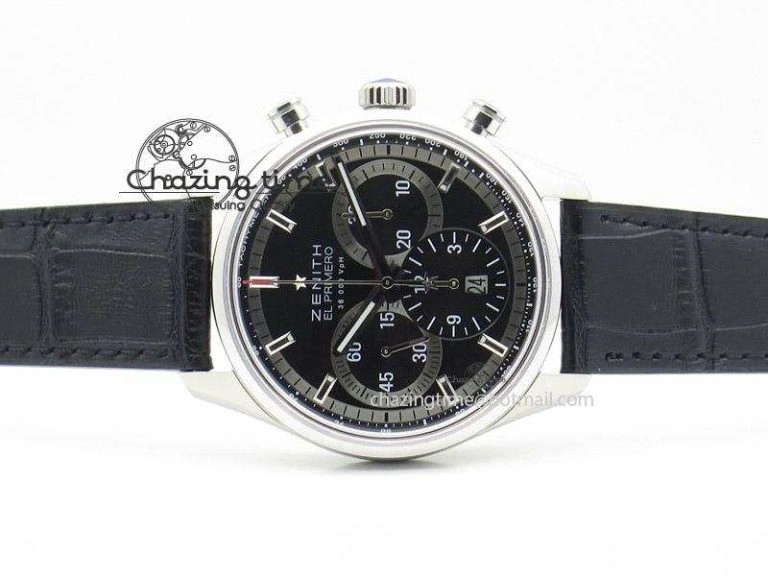 El Primero Chrono SS AXF Black Dial on Black Leather Strap A7750