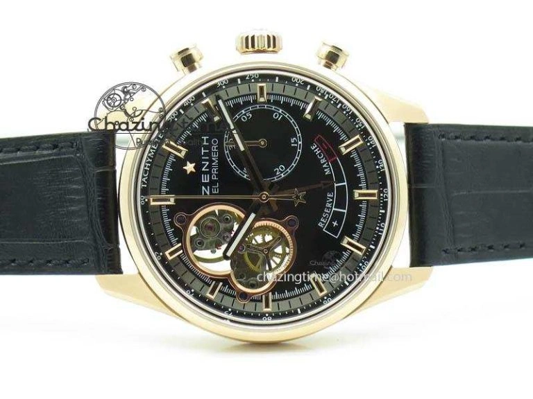 El Primero RG AXF Black Dial on Black Leather Strap Asian Manual Winding Chronograph Movement