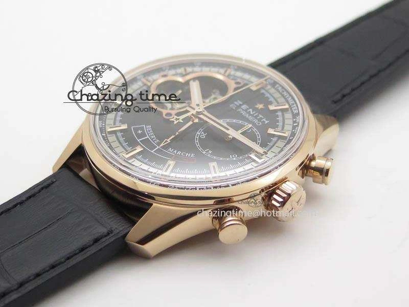El Primero RG AXF Black Dial on Black Leather Strap Asian Manual Winding Chronograph Movement