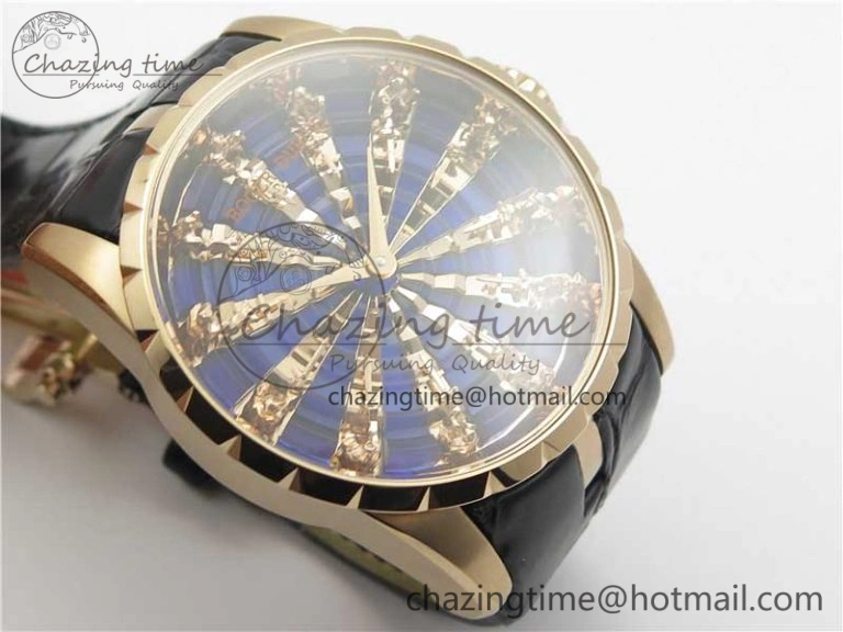 Excalibur Knights of the Round Table II RG ZZF Blue Gold Crystal Dial on Black Leather Strap MIYOTA 8215
