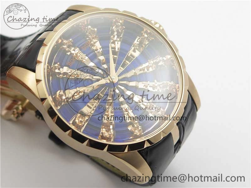 Excalibur Knights of the Round Table II RG ZZF Blue Gold Crystal Dial on Black Leather Strap MIYOTA 8215