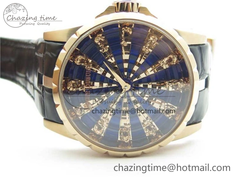 Excalibur Knights of the Round Table II RG ZZF Blue Gold Crystal Dial on Black Leather Strap MIYOTA 8215