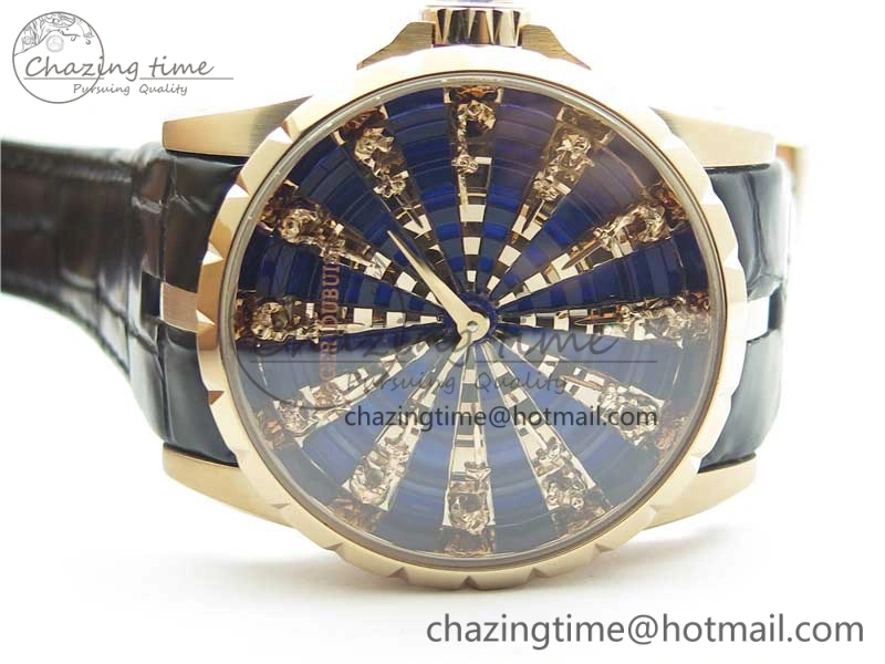 Excalibur Knights of the Round Table II RG ZZF Blue Gold Crystal Dial on Black Leather Strap MIYOTA 8215