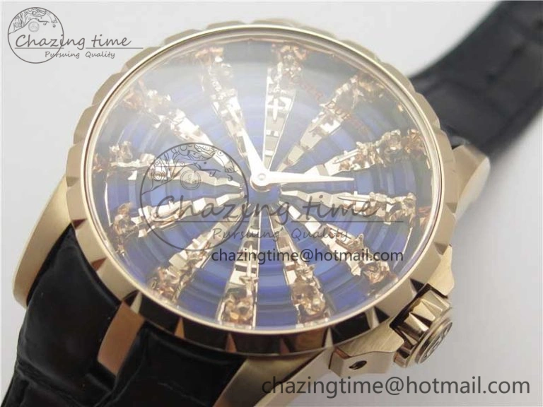 Excalibur Knights of the Round Table II RG ZZF Blue Gold Crystal Dial on Black Leather Strap MIYOTA 8215