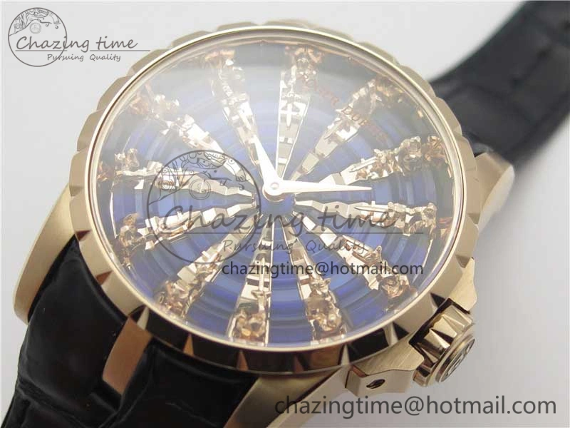 Excalibur Knights of the Round Table II RG ZZF Blue Gold Crystal Dial on Black Leather Strap MIYOTA 8215
