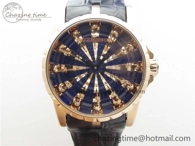 Excalibur Knights of the Round Table II RG ZZF Blue Gold Crystal Dial on Black Leather Strap MIYOTA 8215