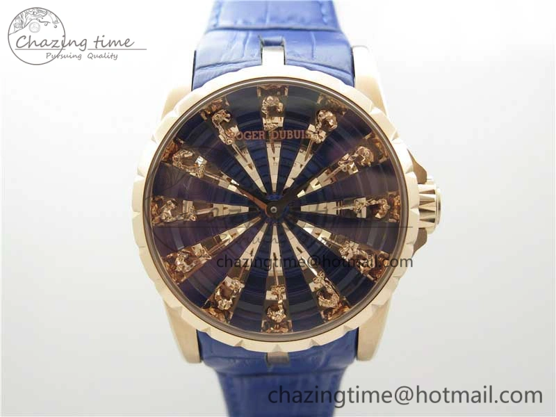 Excalibur Knights of the Round Table II RG ZZF Blue Gold Crystal Dial on Black Leather Strap MIYOTA 8215