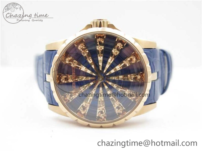 Excalibur Knights of the Round Table II RG ZZF Blue Gold Crystal Dial on Black Leather Strap MIYOTA 8215
