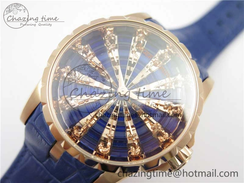 Excalibur Knights of the Round Table II RG ZZF Blue Gold Crystal Dial on Black Leather Strap MIYOTA 8215