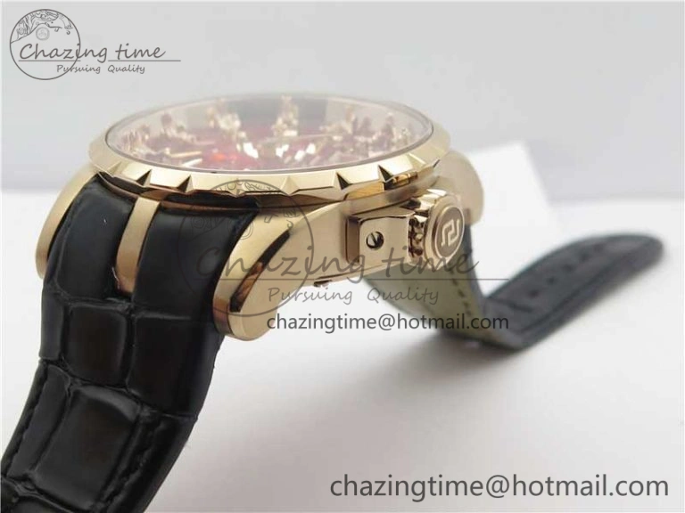 Excalibur Knights of the Round Table II RG ZZF Red Gold Crystal Dial on Black Leather Strap MIYOTA 8215