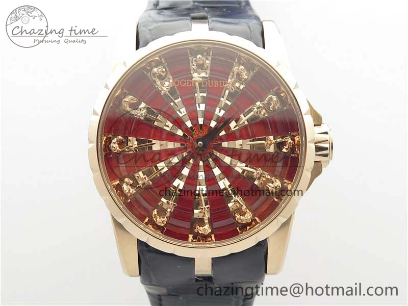Excalibur Knights of the Round Table II RG ZZF Red Gold Crystal Dial on Black Leather Strap MIYOTA 8215
